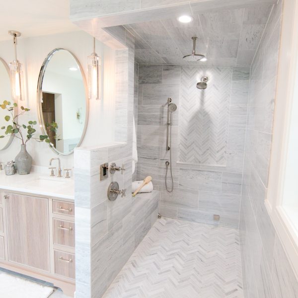 Zunich Home on Detroit Lake master bathroom mirror, vanity, shower, and tile floor