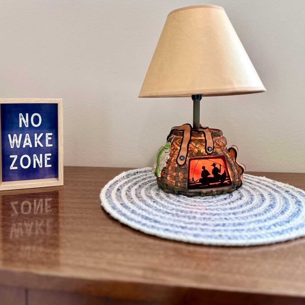 Bossert Home on Lake Lida • Guest Bedroom "No Wake Zone" nightstand sign next to a rustic lamp