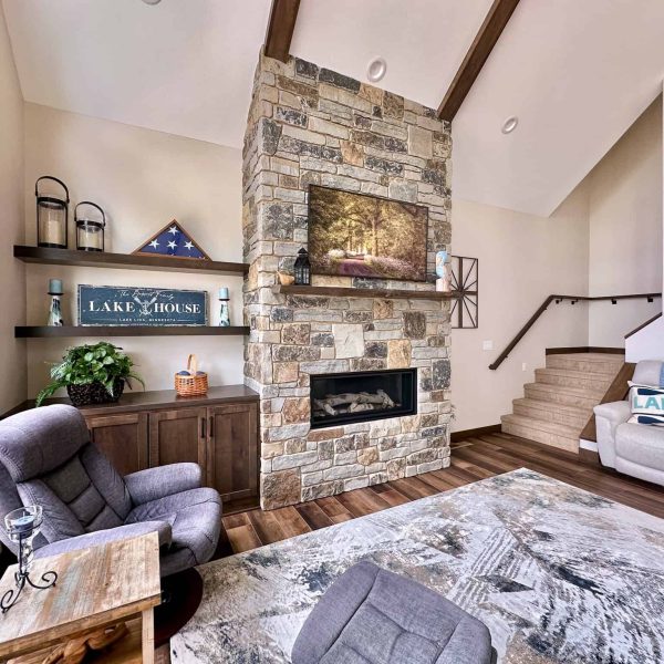 Bossert Home on Lake Lida • the Great Room with view of the fireplace from the dining room area