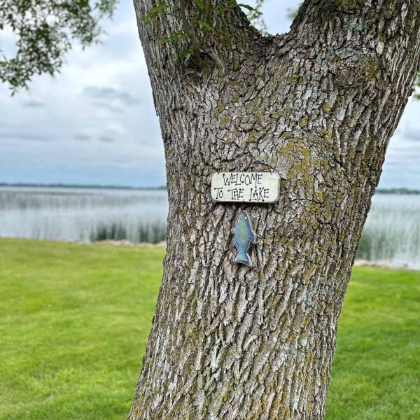 Bossert Home on Lake Lida • lakeside tree with "Welcome to the Lake" sign