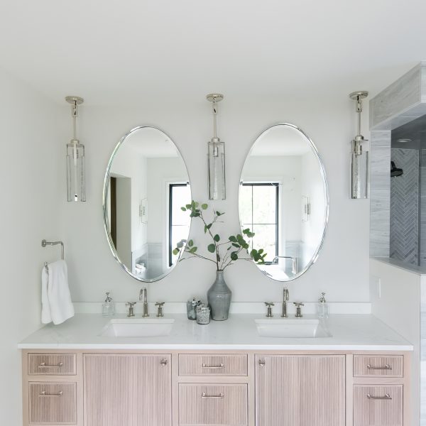 Zunich Home on Detroit Lake master bathroom mirrors and vanity