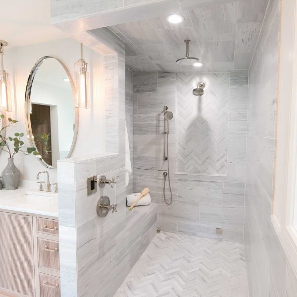 Zunich Home on Detroit Lake master bathroom mirrors, vanity, and shower shower