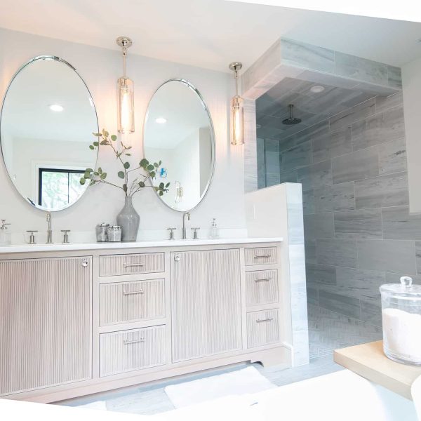 Zunich Home on Detroit Lake master bathroom mirrors and vanity cabinet