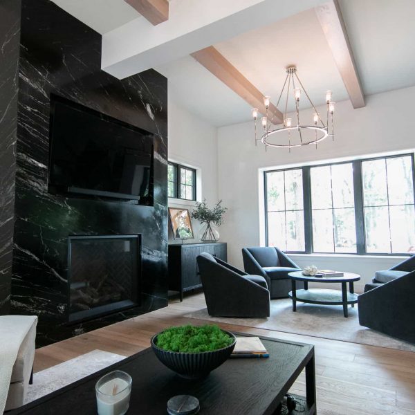 Zunich Home on Detroit Lake living room fireplace sitting area