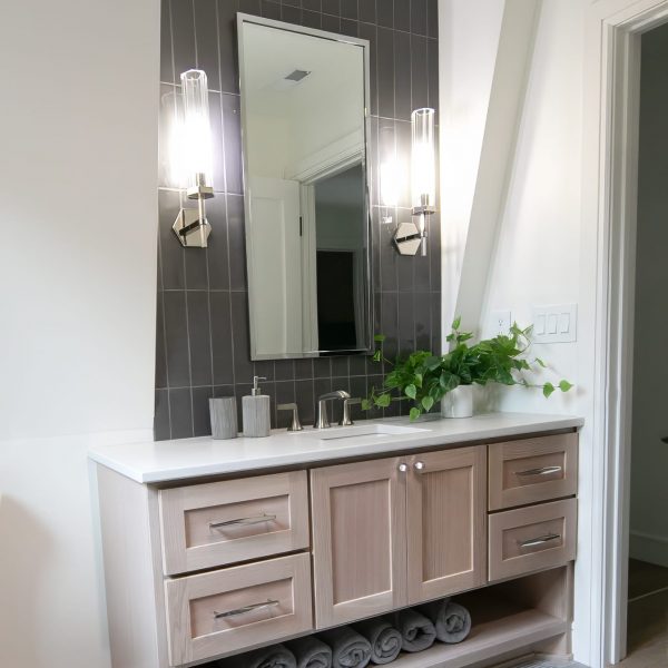 Zunich Home on Detroit Lake guest bathroom mirror and vanity cabinet