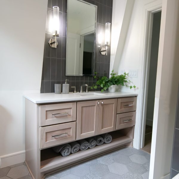 Zunich Home on Detroit Lake guest bathroom mirror and vanity cabinet