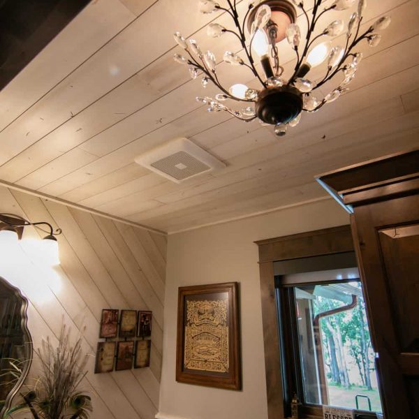Briard Construction Model Home Half Bathroom Chandelier & Wood Ceiling